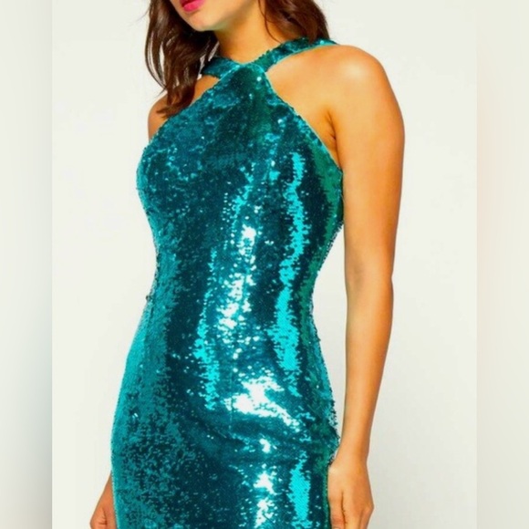 AIDAN MATTOX Teal Sequin Halter Cocktail Dress NWT $245 SIZE 6 - Picture 1 of 3